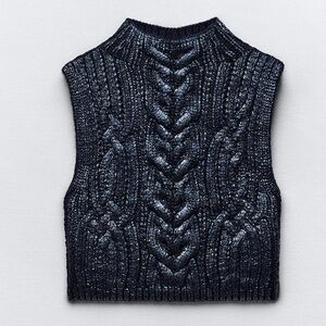NWT Zara Metallic Navy Blue Mock Turtleneck Cropped Cable Knit Sweater Vest sz M